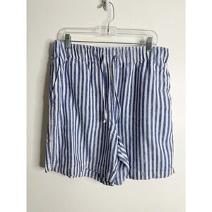 Lands End High Rise Linen Short Pull On Blue White Stripes Large Pockets Casual